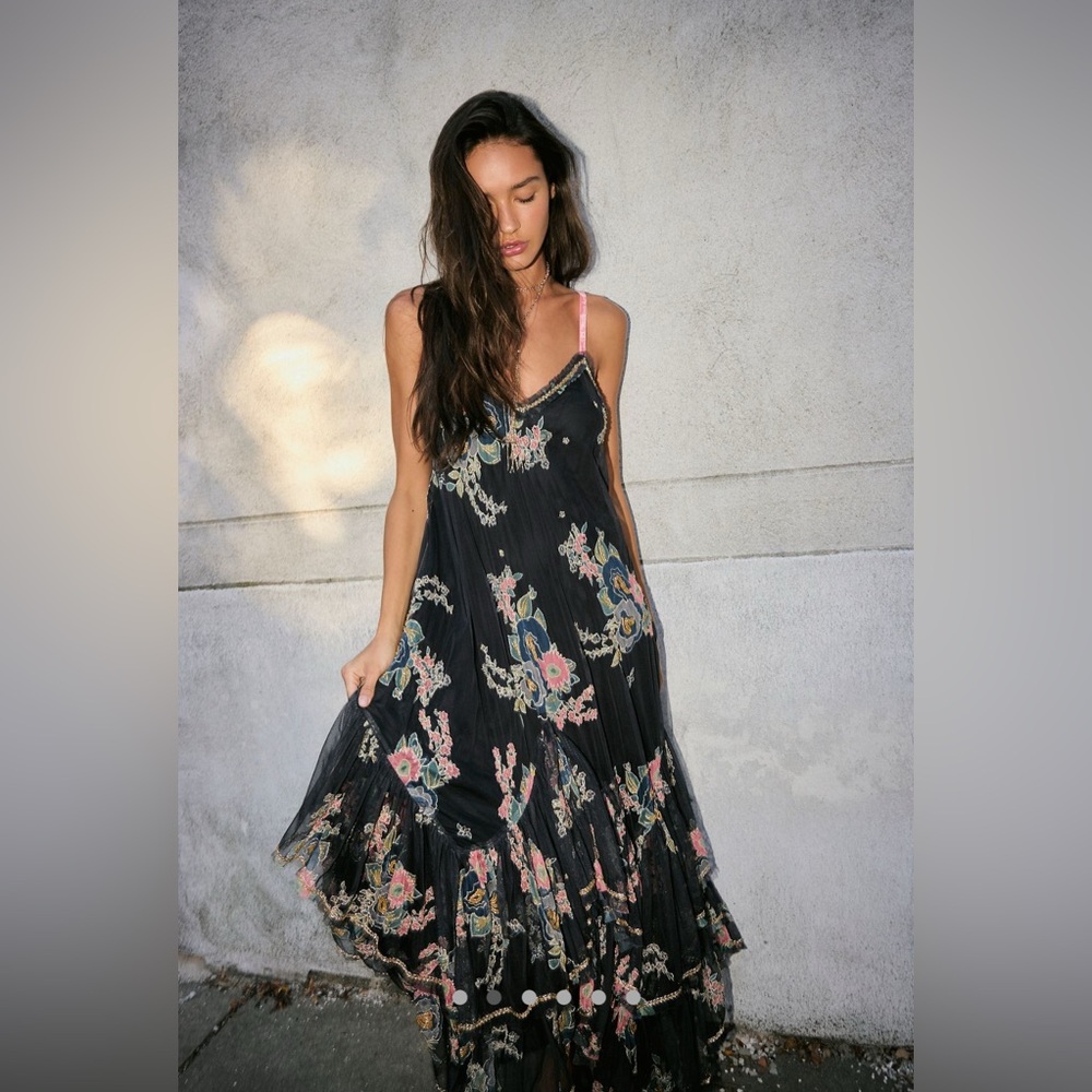 Free People Black Floral Maxi Dress with Pink Accents